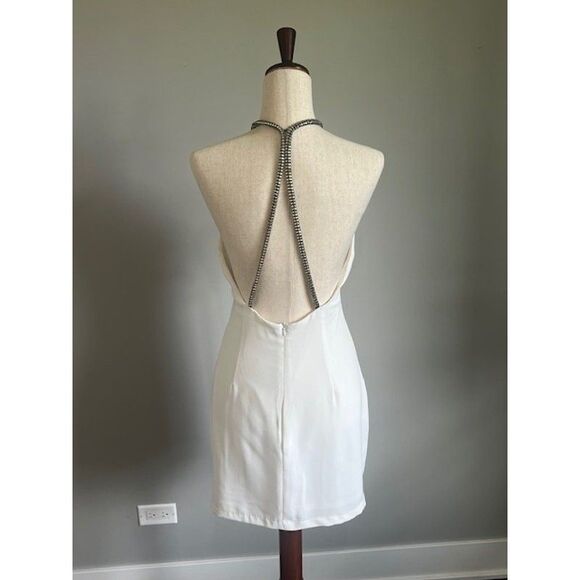 White Halter Mini Dress with Rhinestone Straps by En Creme Size M Fully Lined - Picture 2 of 12